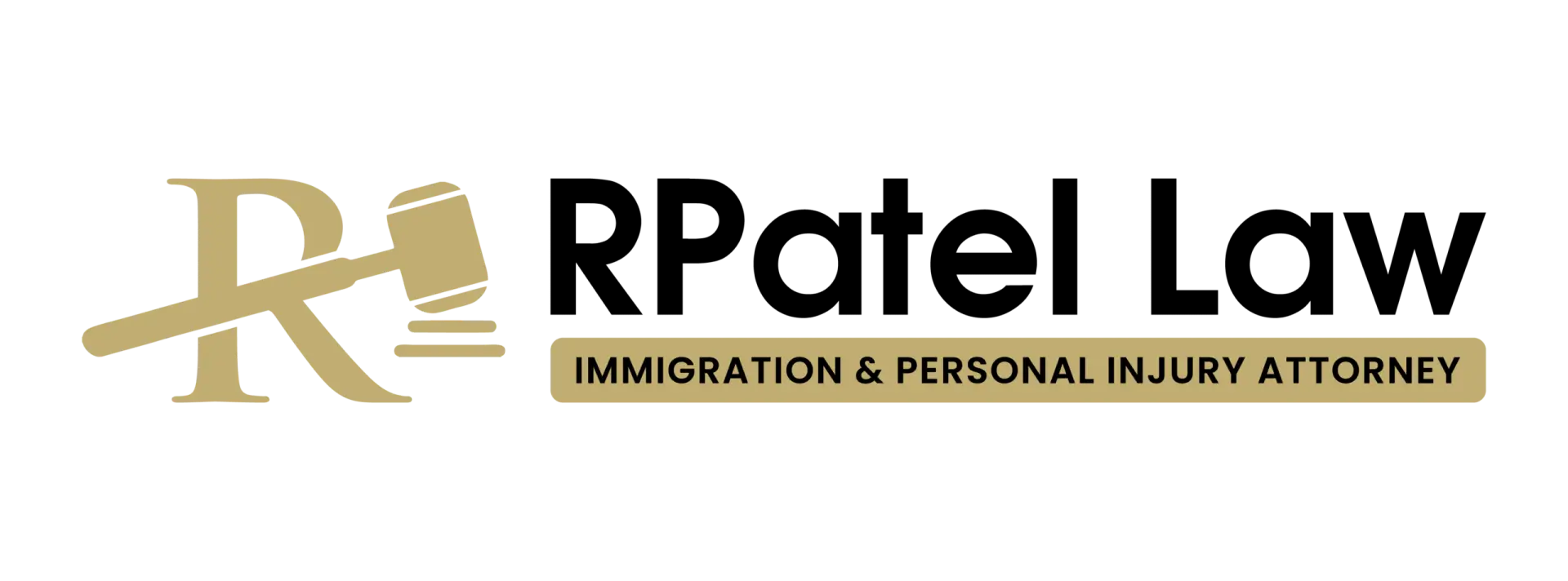 RPatel Law logo featuring a stylized "R" with a judge’s gavel, representing immigration and personal injury legal services in Orlando