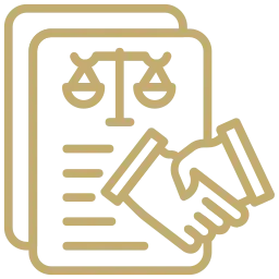 Business law icon showing a legal document with justice scales and a handshake, representing RPatel Law’s legal services for businesses