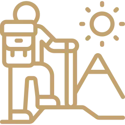 Hiking icon with a person climbing a mountain under the sun, symbolizing exploration