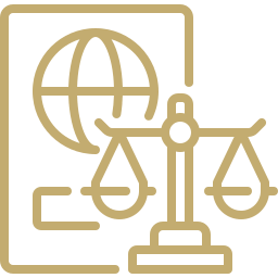 Legal scale and globe icon symbolizing immigration court representation by RPatel Law