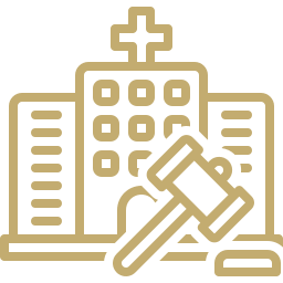 Icon of a hospital building with a gavel representing legal action for medical negligence