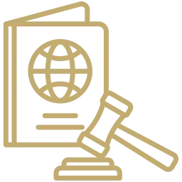 Immigration law icon showing a passport and gavel representing legal immigration services by RPatel Law in Orlando