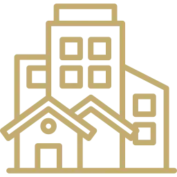Icon representing real estate law with homes and buildings, used by RPatel Law in Florida